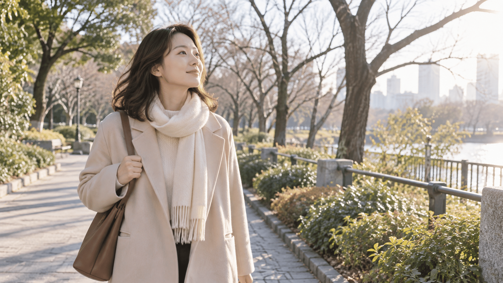冬の公園を自分のペースで歩く女性