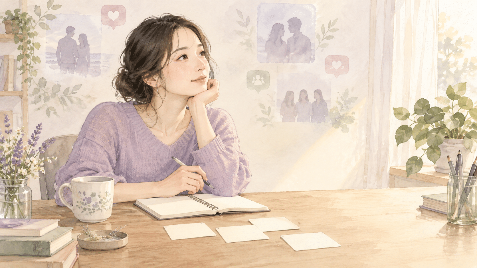 周りの期待と自分の恋愛の希望を分けて考える女性のイラスト