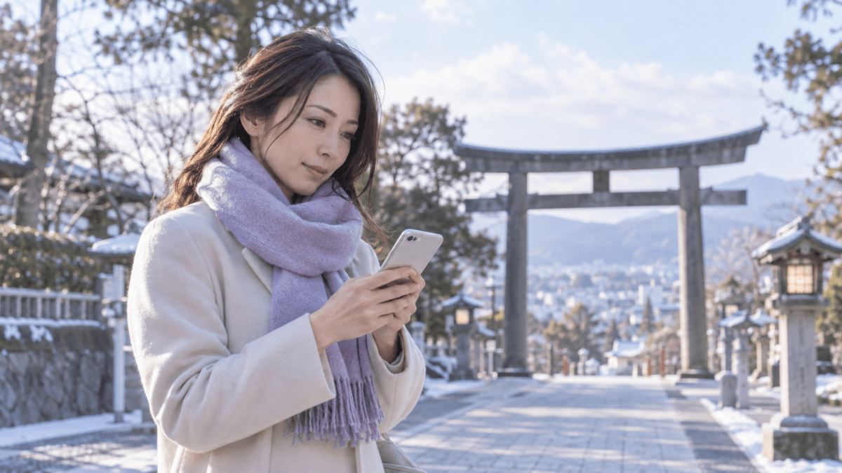 冬の神社の近くで初詣の誘いを考える女性