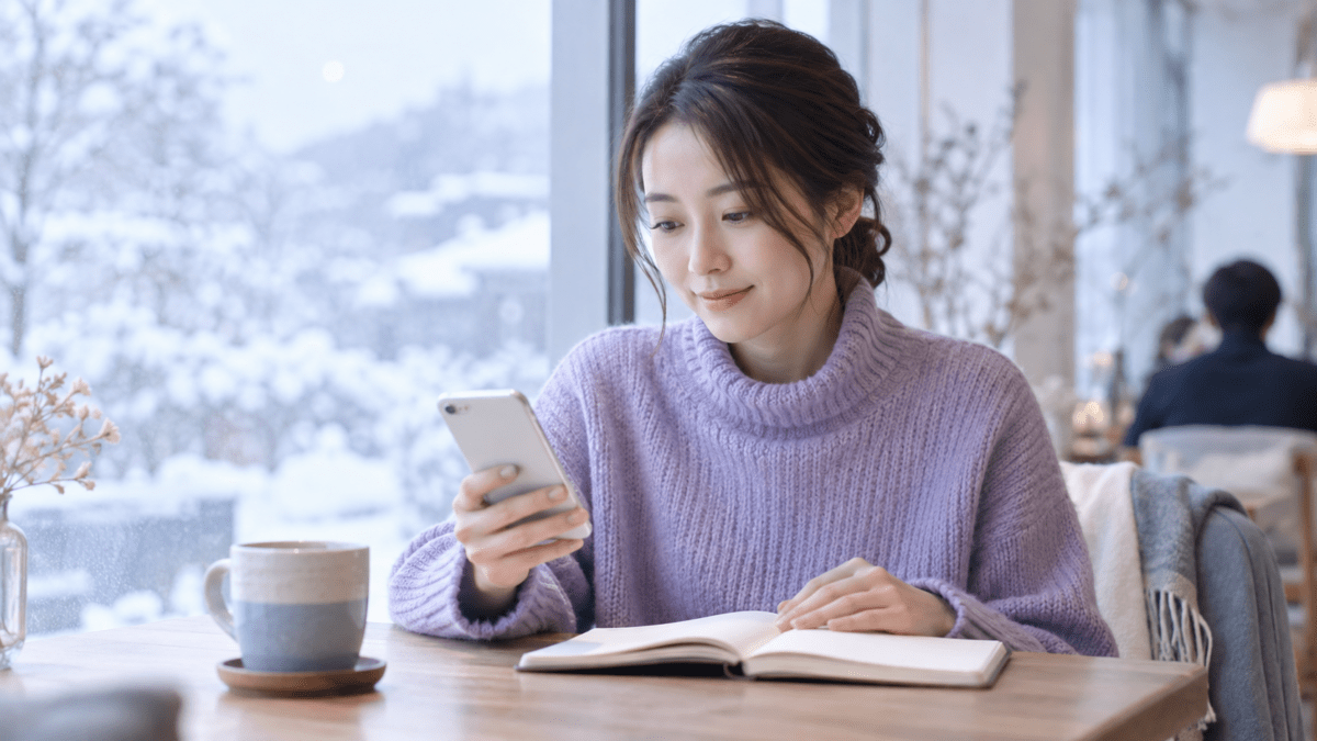カフェでスマートフォンとノートを見る女性