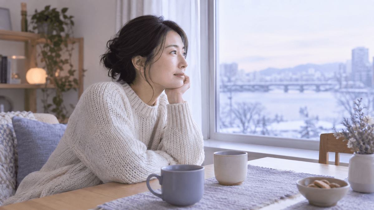 冬の窓辺で家族への紹介について考える女性