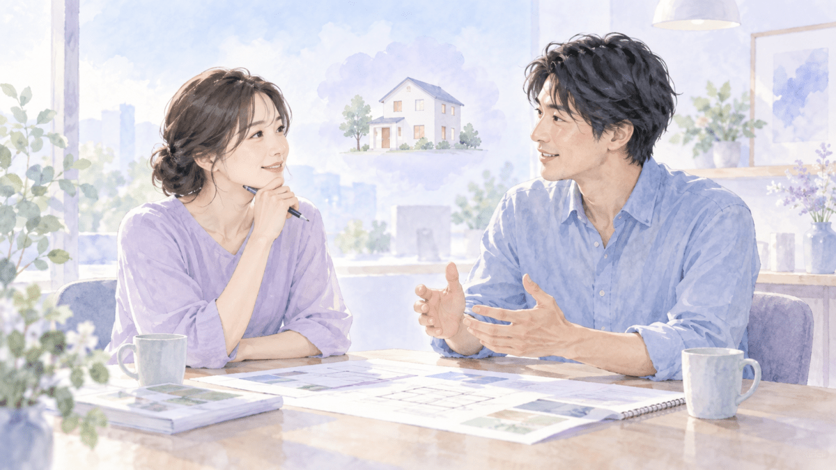 将来について向かい合って話す二人のイラスト