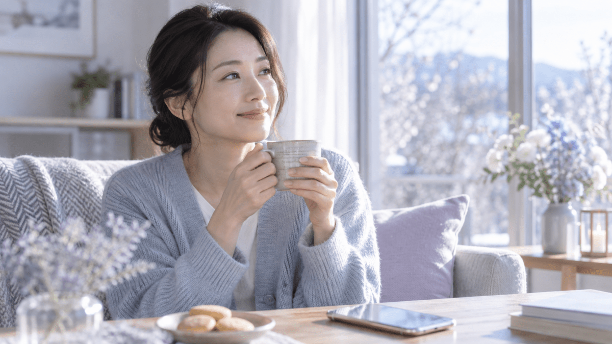 お茶を持ち窓辺で落ち着いて過ごす女性