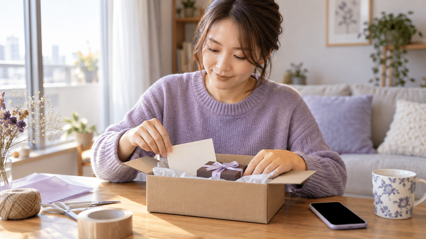 合意した日程に合わせて小さな贈り物を包む女性