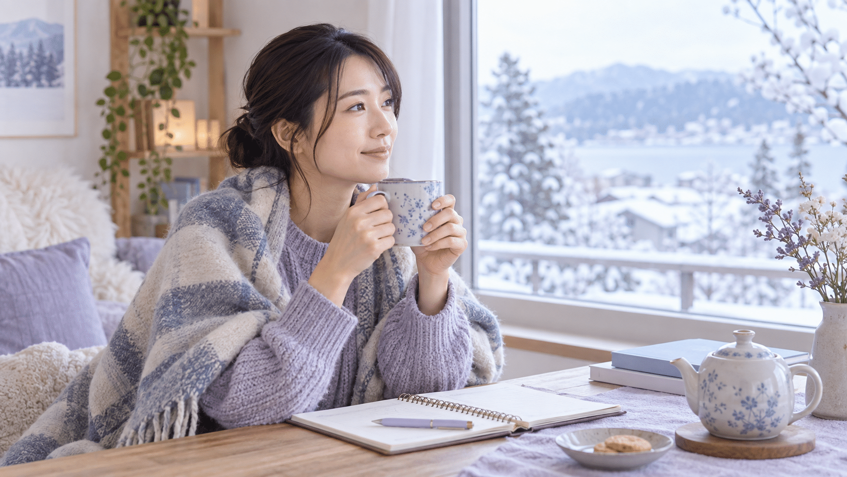 準備の後に窓辺でお茶を楽しむ女性