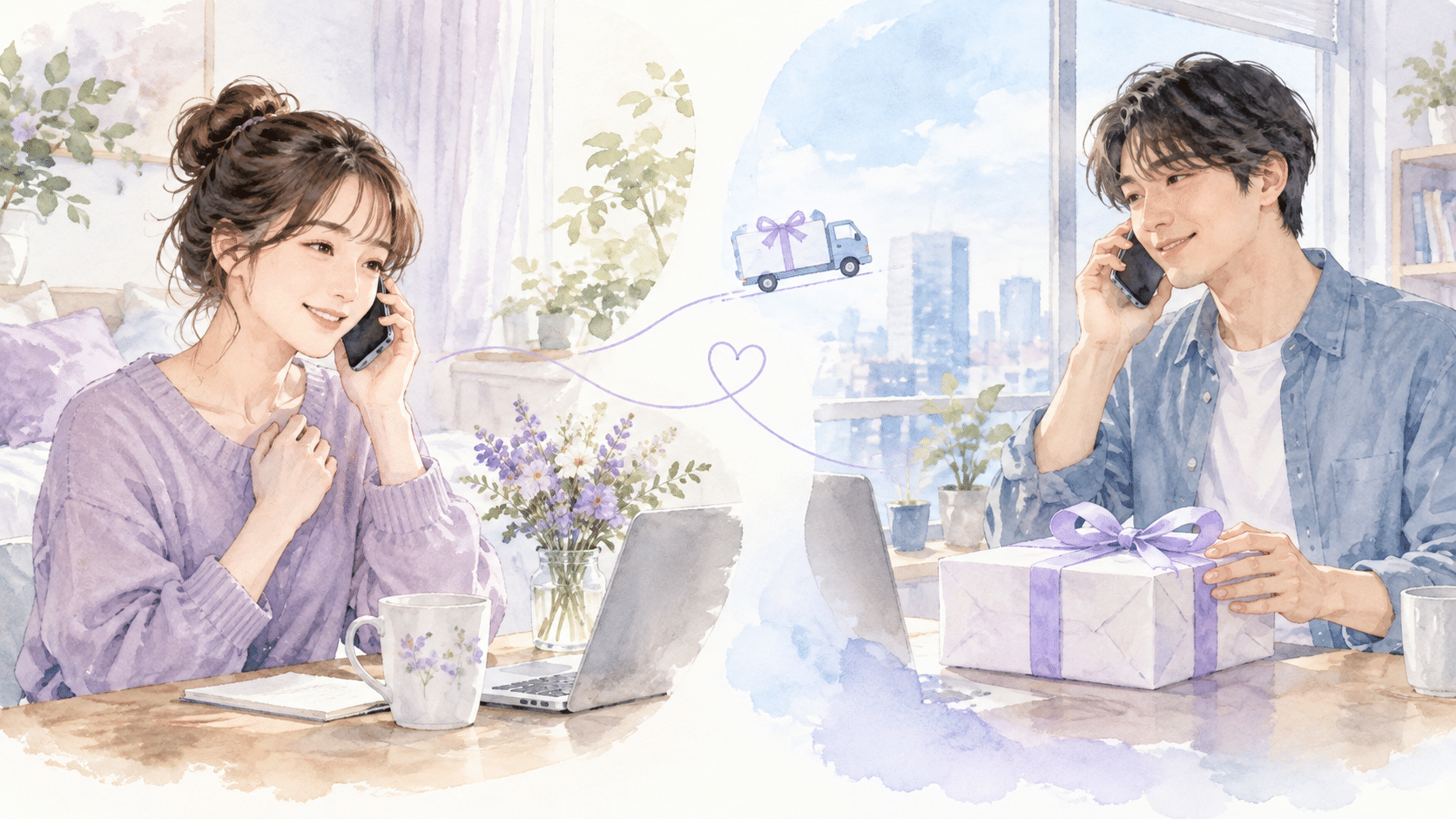贈り物の受け取り予定を相談する二人の水彩イラスト