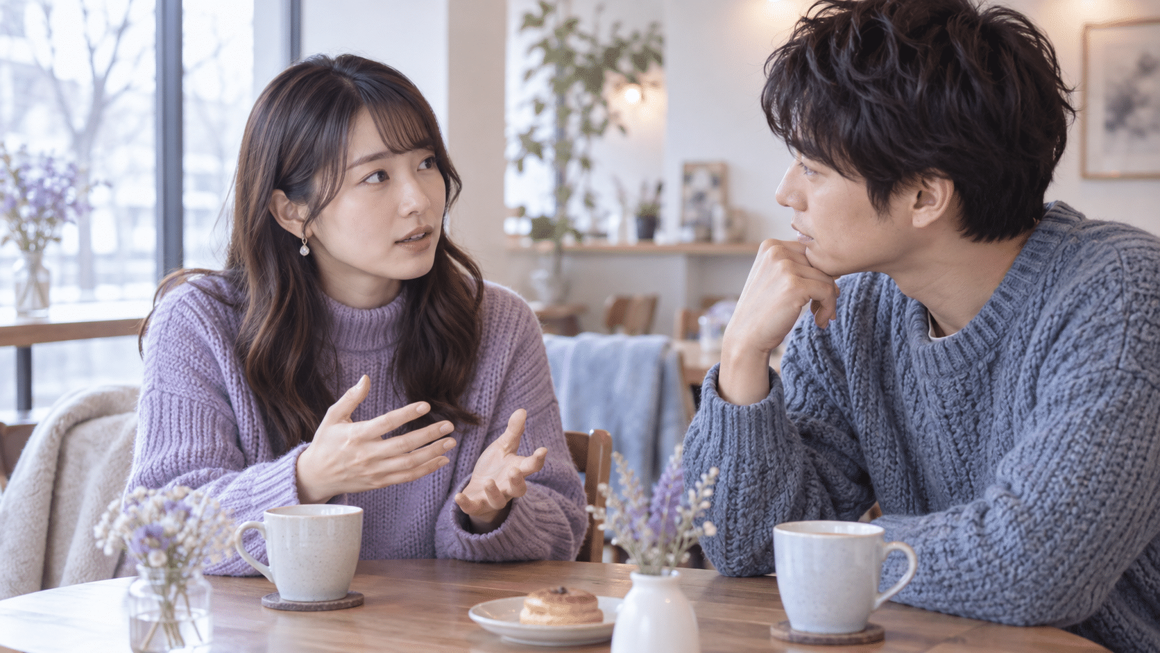 彼氏に悲しさと希望を落ち着いて伝える女性