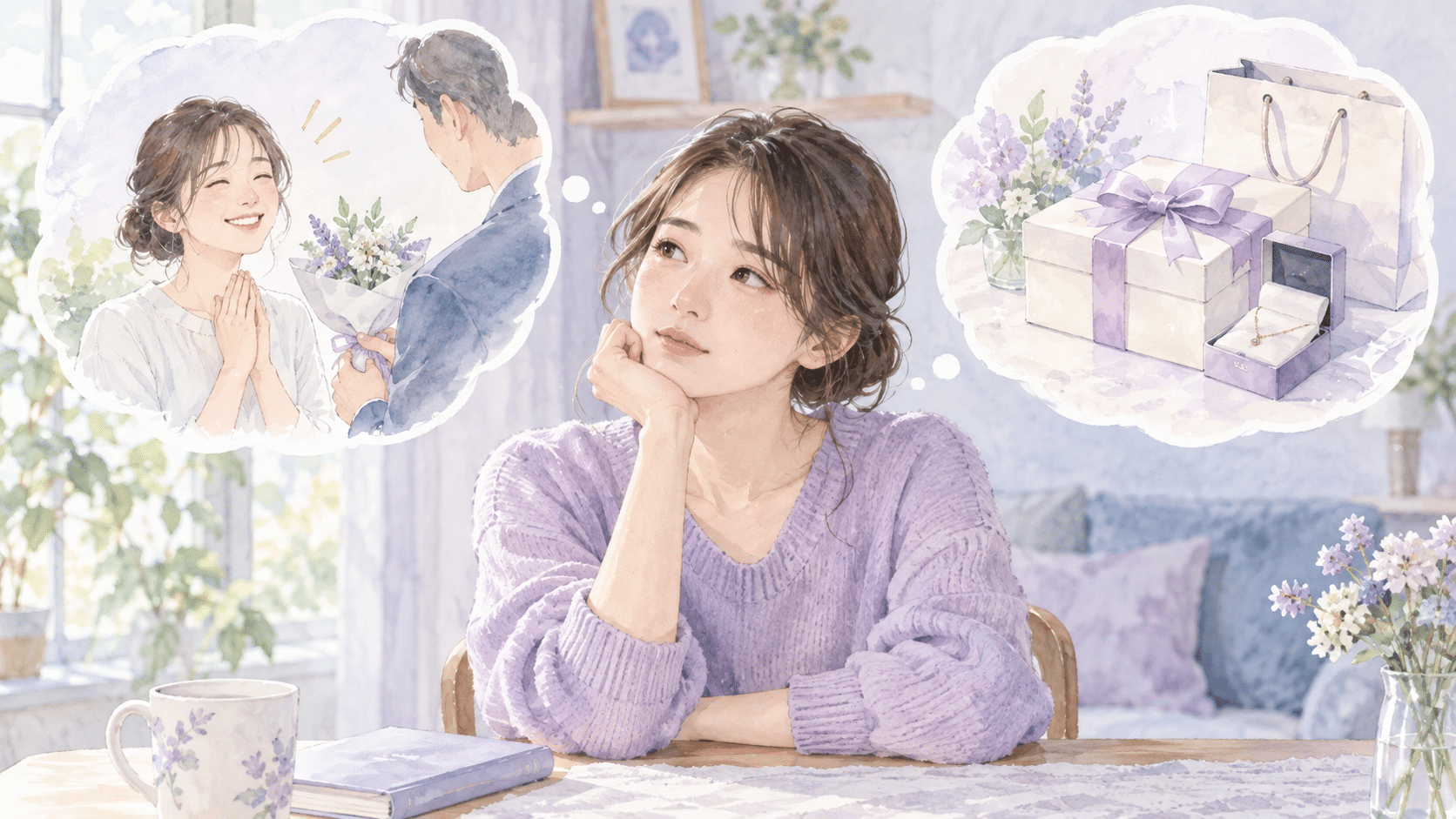 感謝の言葉とお返しへの期待を整理する水彩イラスト