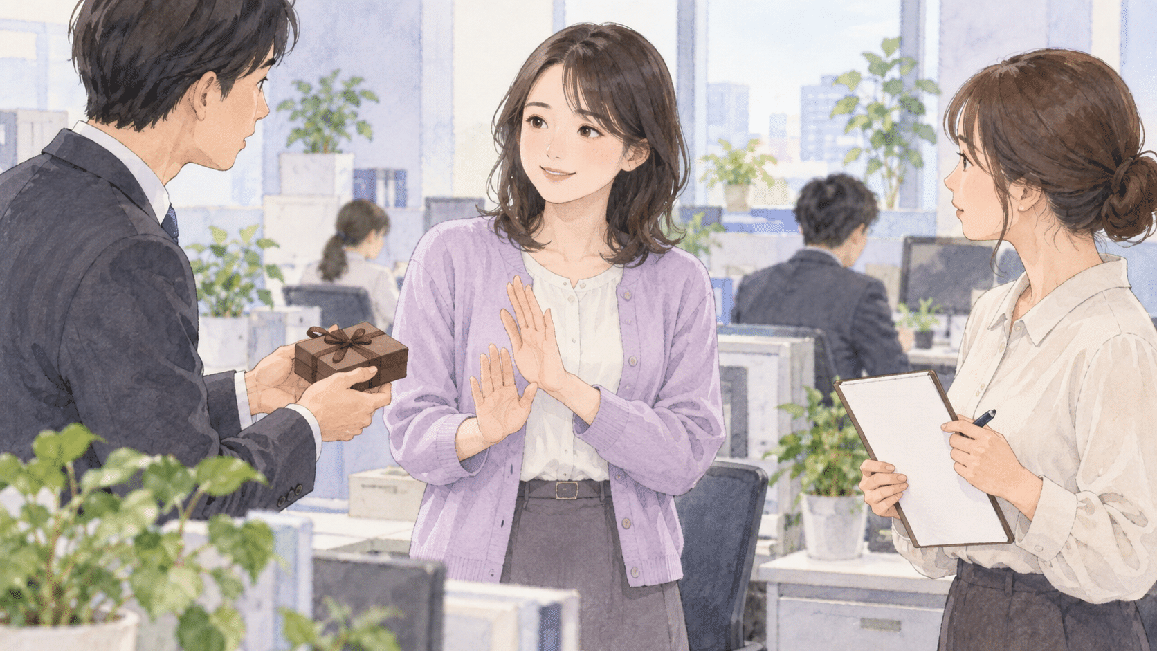職場の贈り物の参加を穏やかに断る水彩イラスト