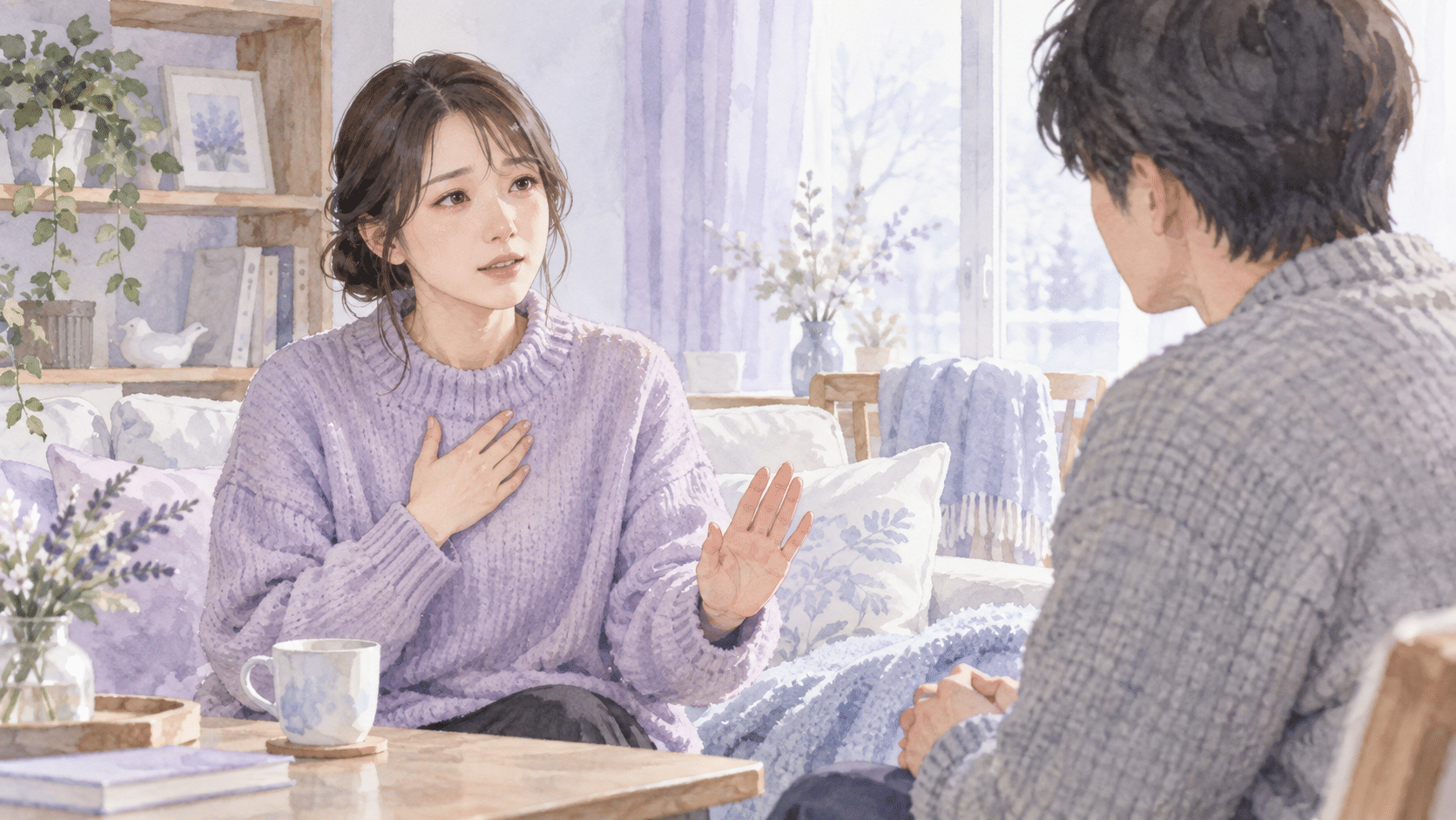 傷ついた言葉について彼氏に話す女性の水彩イラスト