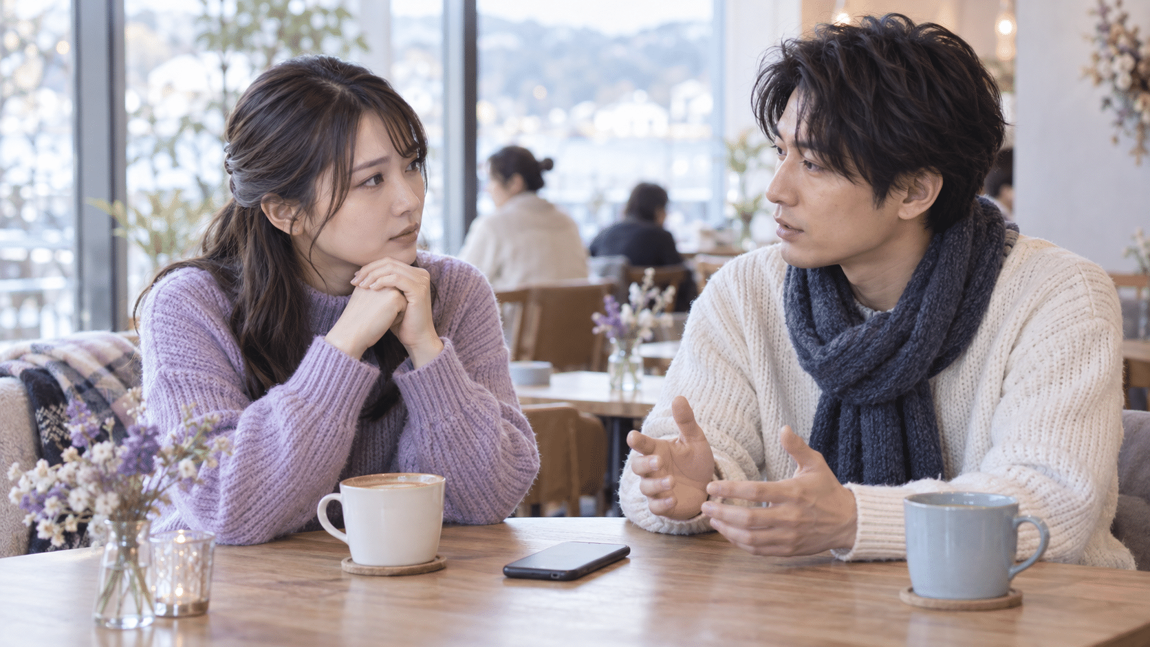 スマホをしまい希望する過ごし方を話し合うカップル