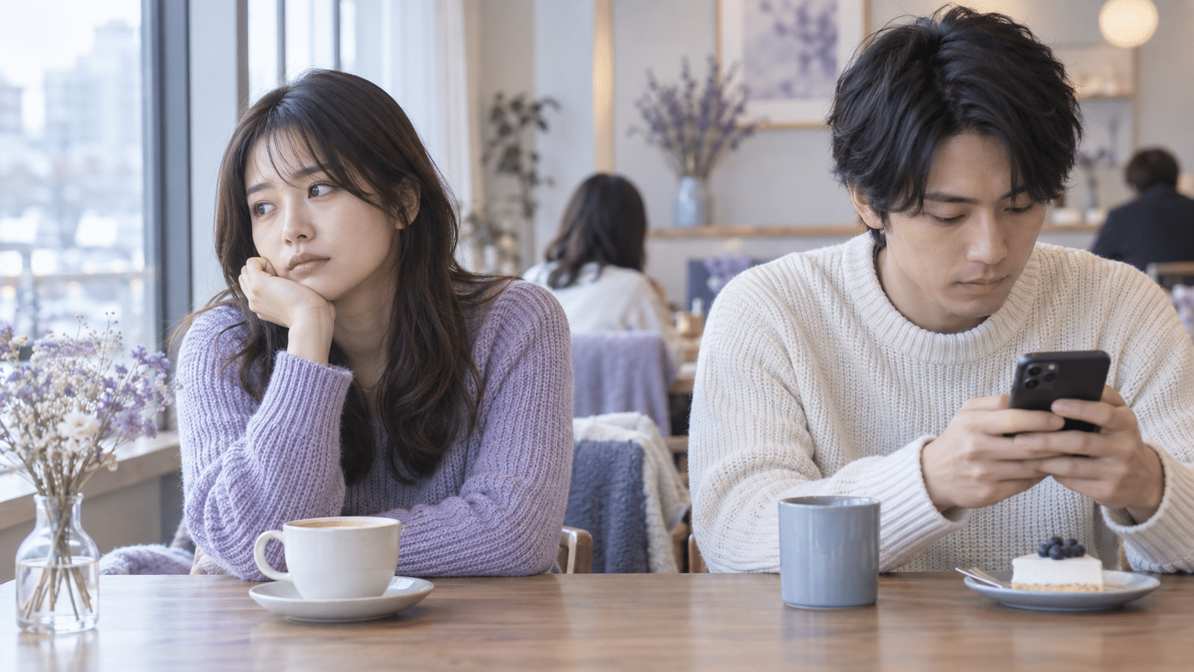 デート中にスマホを見る彼氏と寂しさを感じる女性