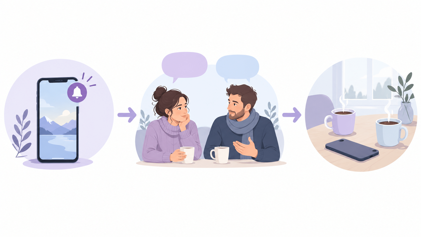 スマホの利用目的と会話に戻る行動を整理する図解