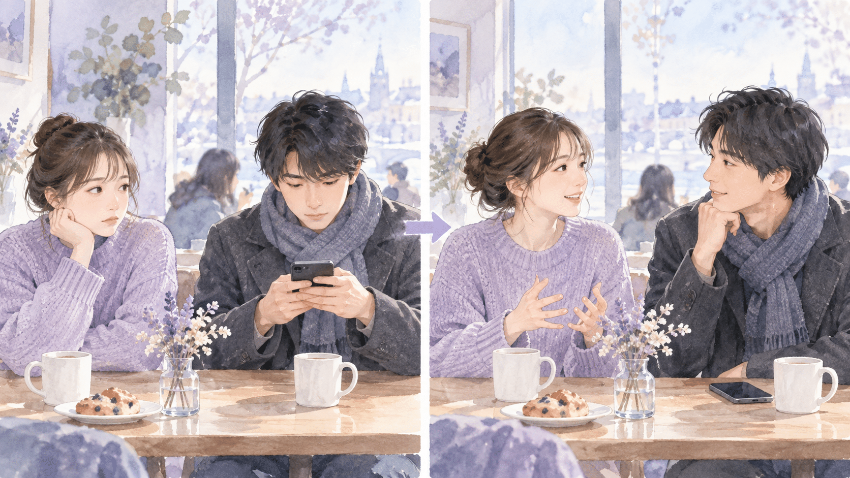 スマホで会話が中断されるカップルの水彩イラスト
