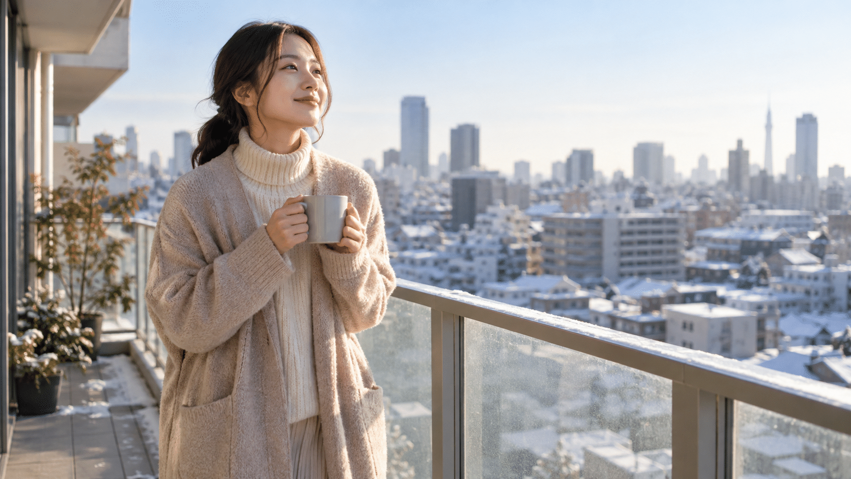 冬のバルコニーで自分の時間を落ち着いて過ごす女性