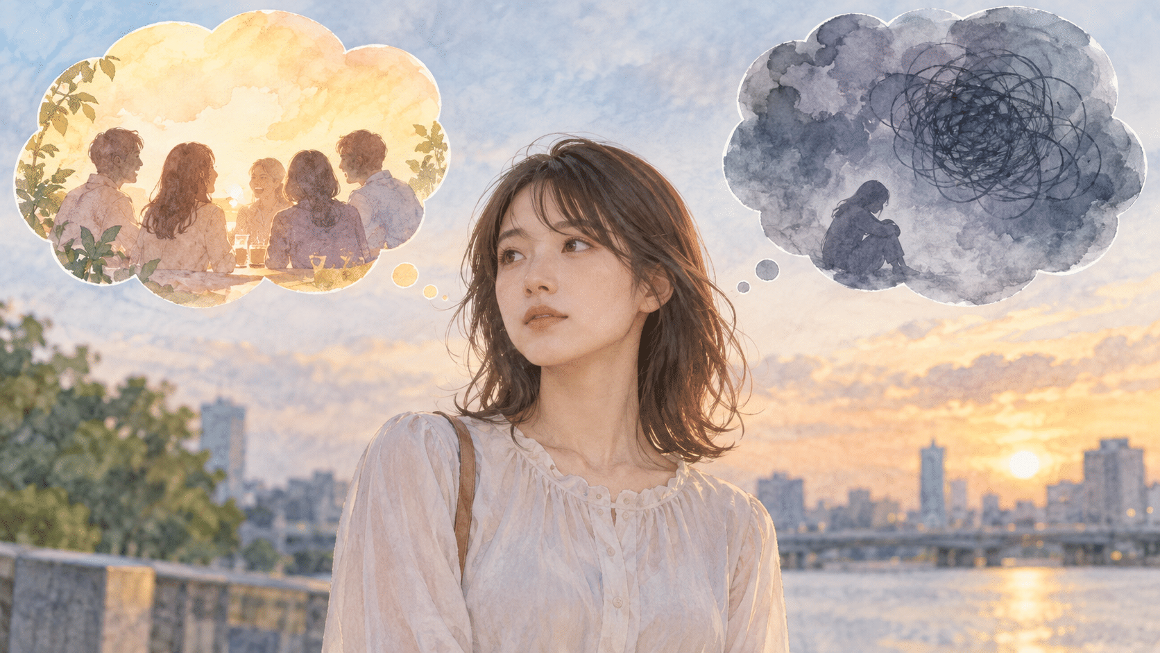集団の再会と自分の不安を分けて考える女性の水彩イラスト