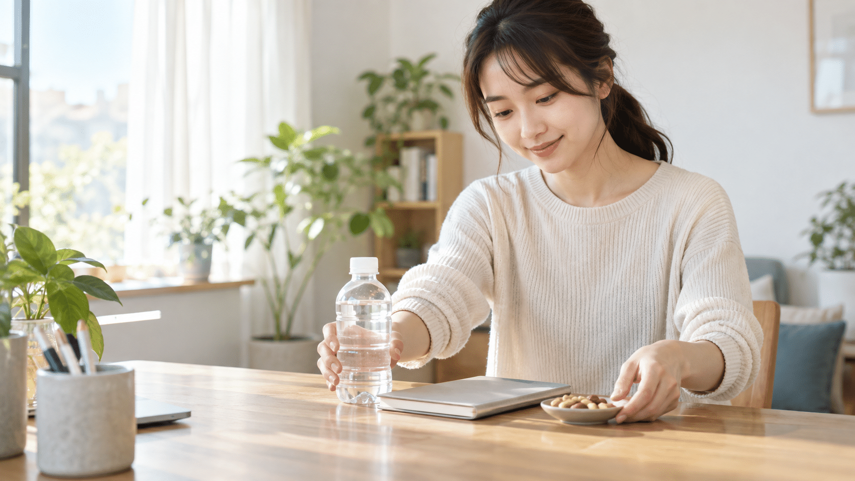 勉強の合間に使える飲み物と軽食を用意する女性
