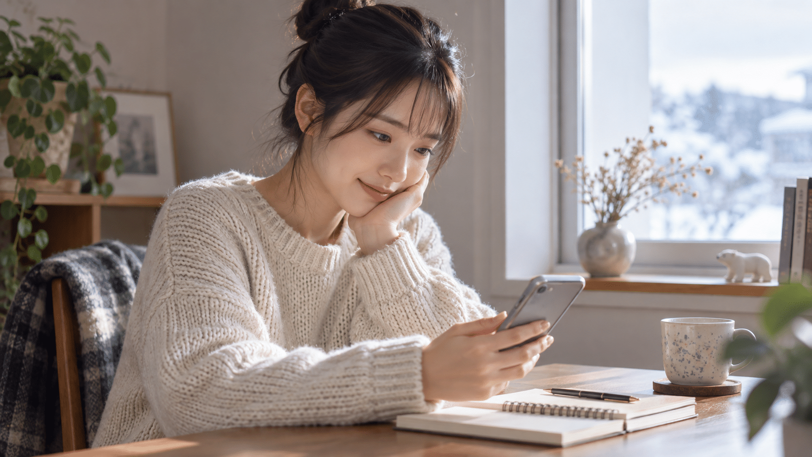 受験生の彼氏へ送る短い応援メッセージを考える女性