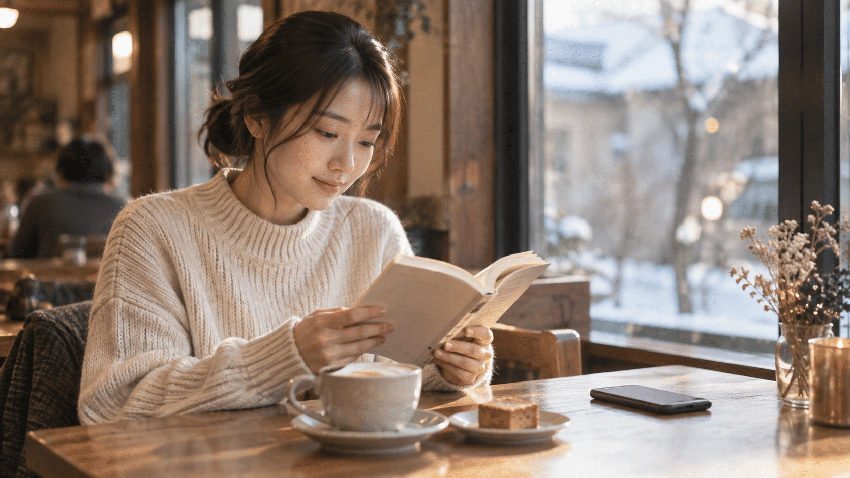 自分の時間を大切にしながらカフェで読書する女性