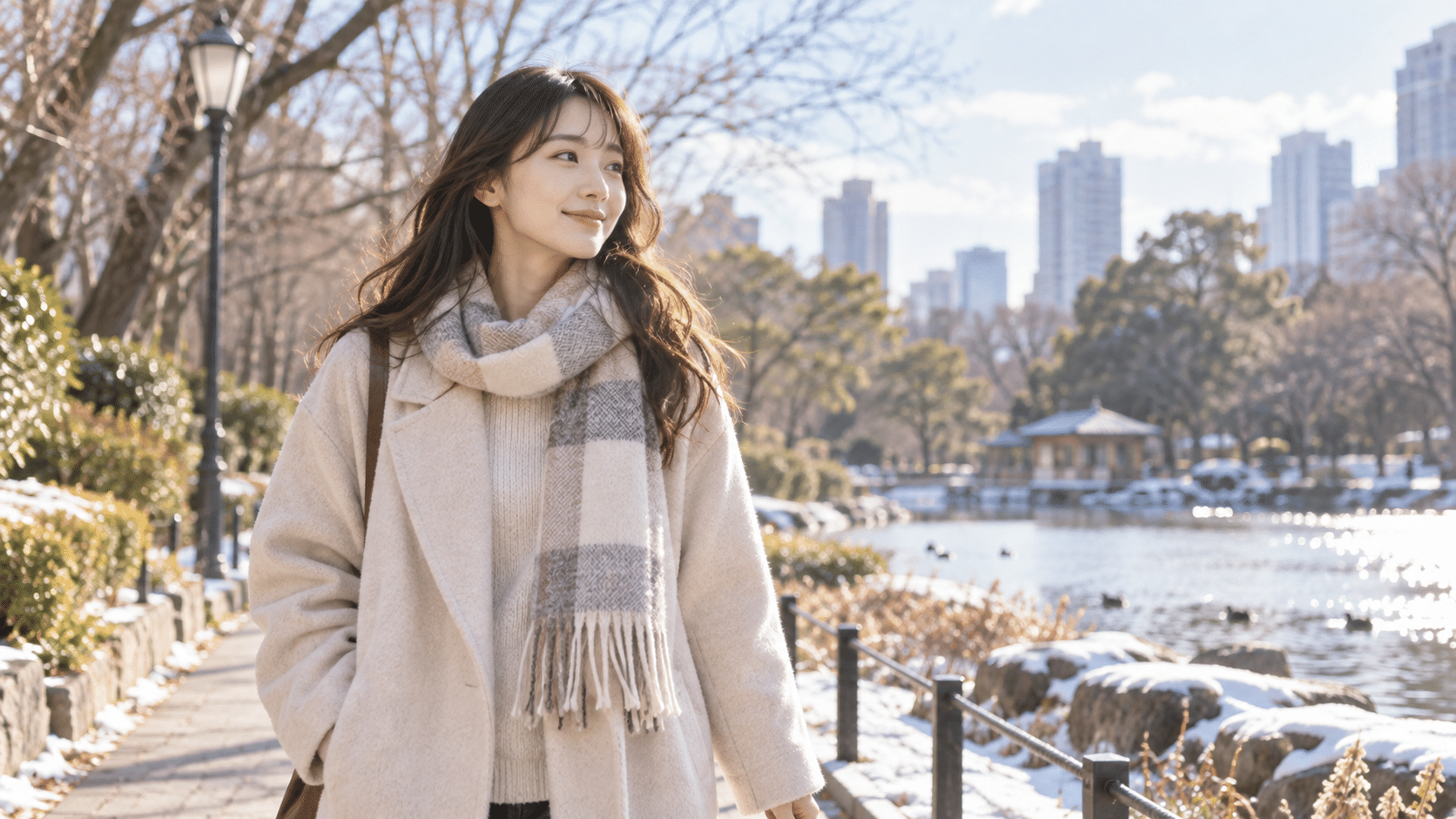冬の公園で自分の希望を大切にする女性