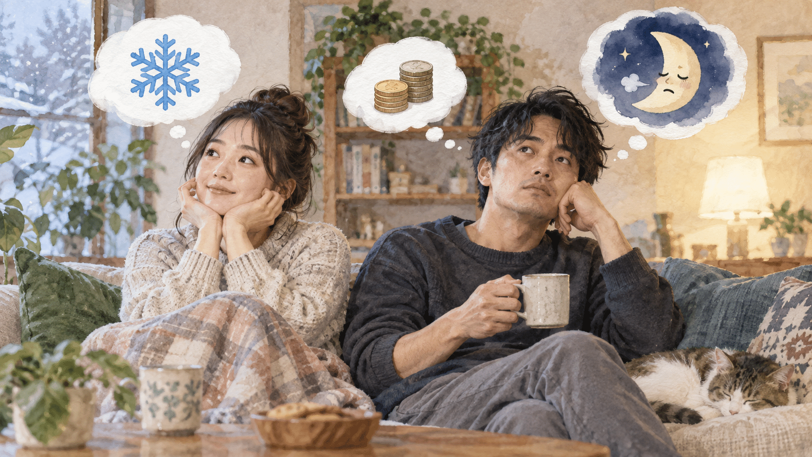 寒さや費用や疲れを考える二人の水彩イラスト