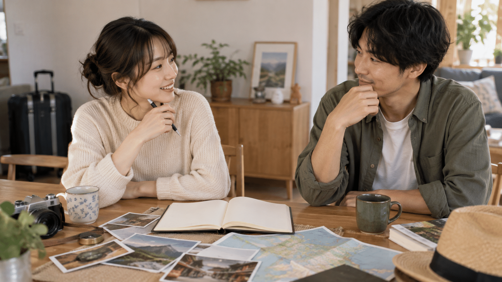 帰宅後に旅行の予定と希望を話し合う二人