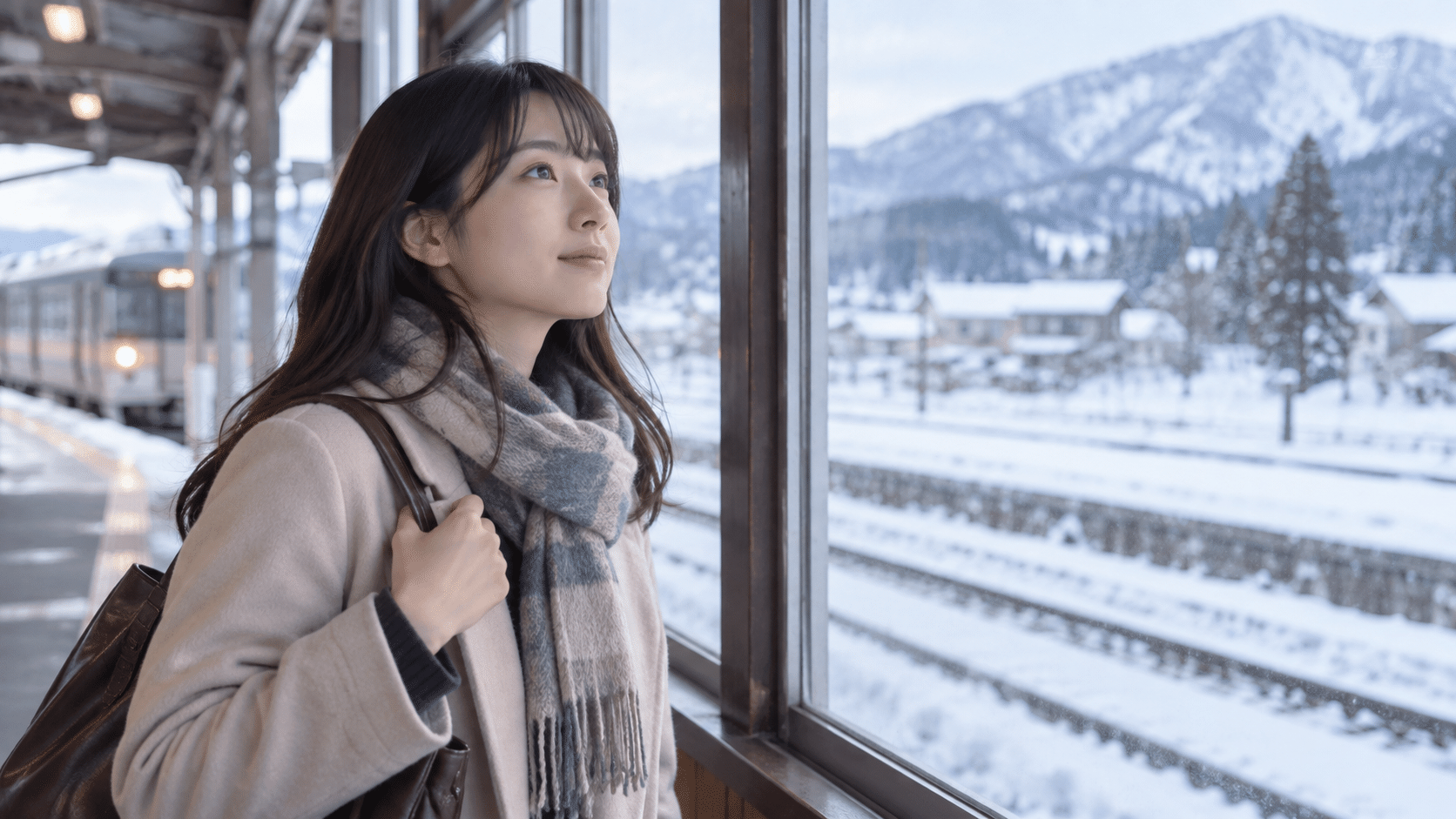 冬の駅で自分の気持ちを落ち着いて考える女性