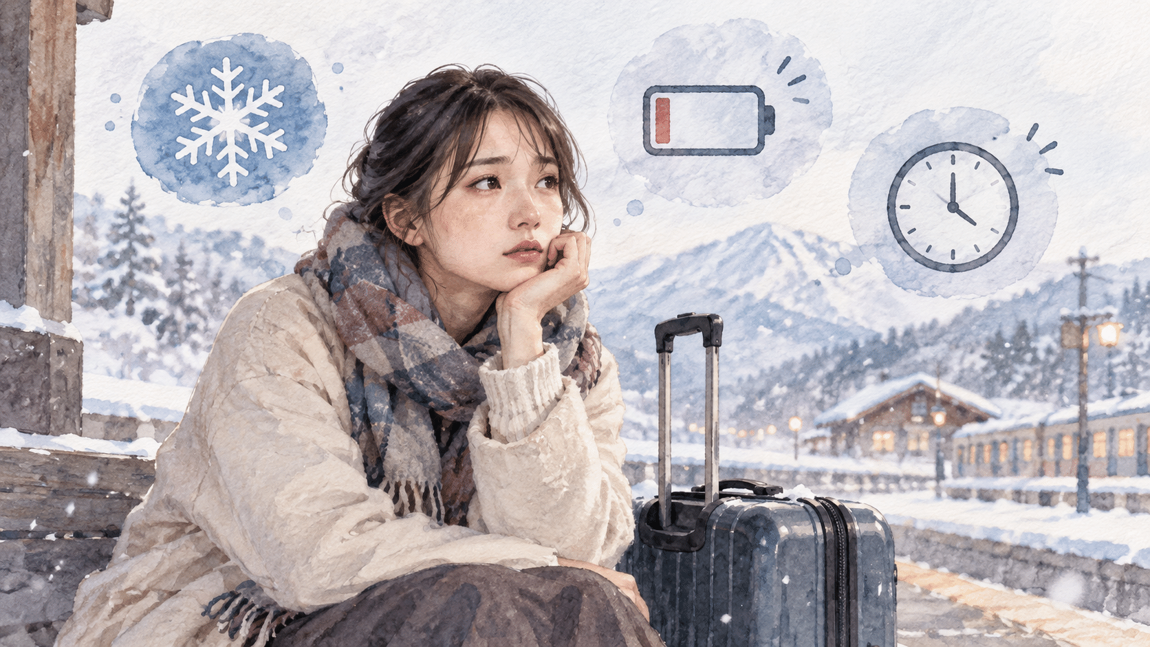寒さや移動や疲れを考える女性の水彩イラスト