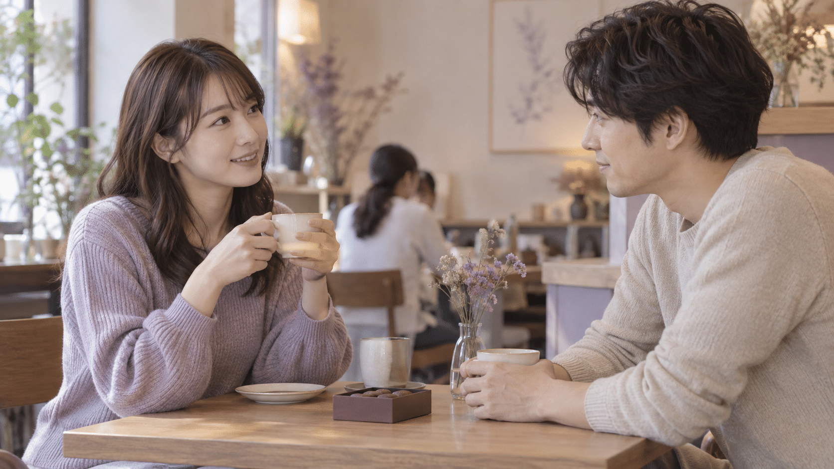 カフェで短く好意を伝える女性と話を聞く男性