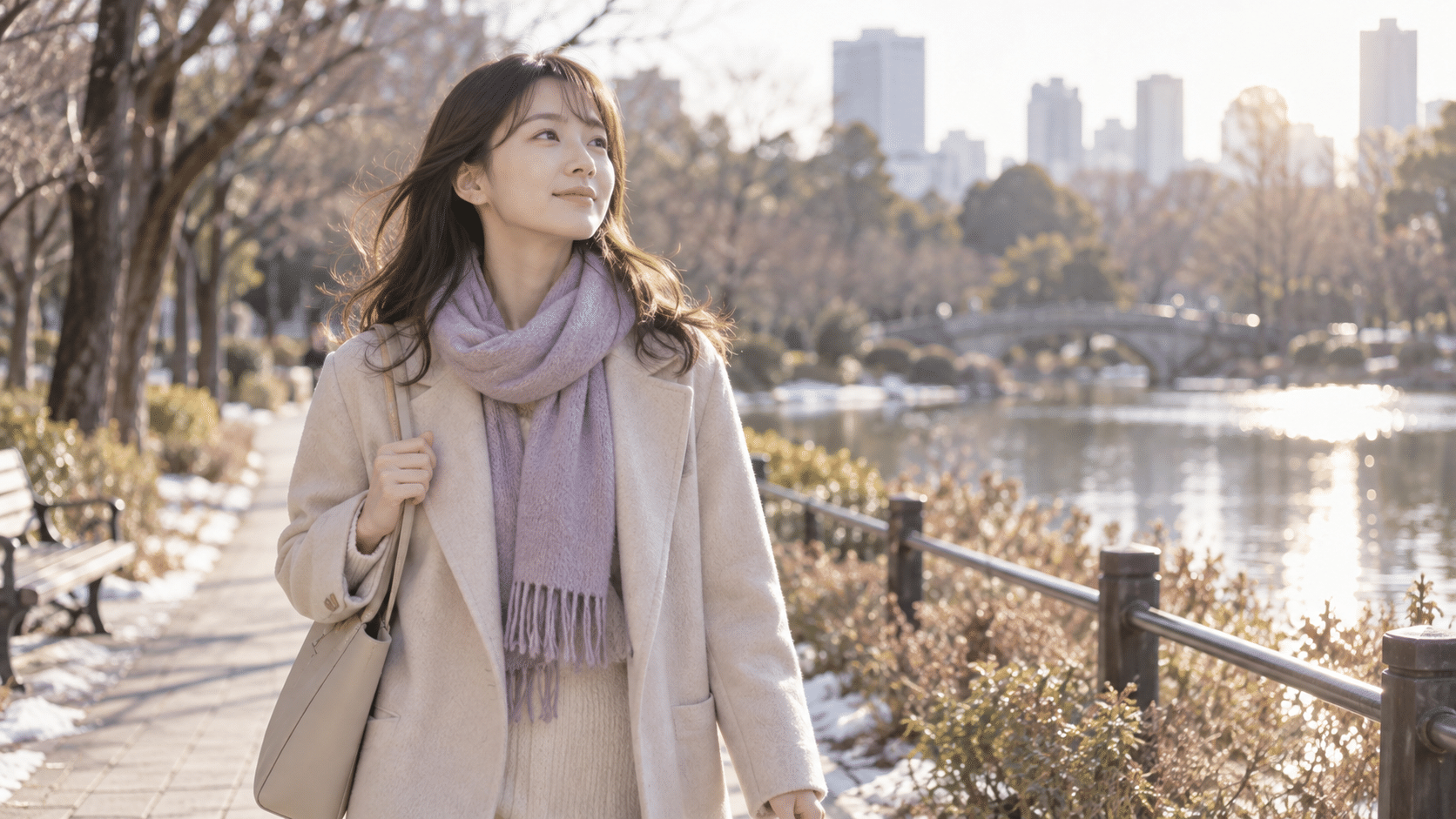 冬の日差しの中で自分の意思を大切に歩く女性