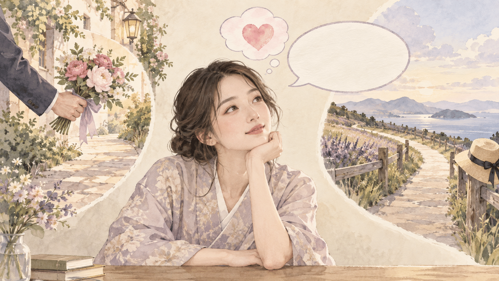 好意と相手の選択を考える女性の水彩イラスト
