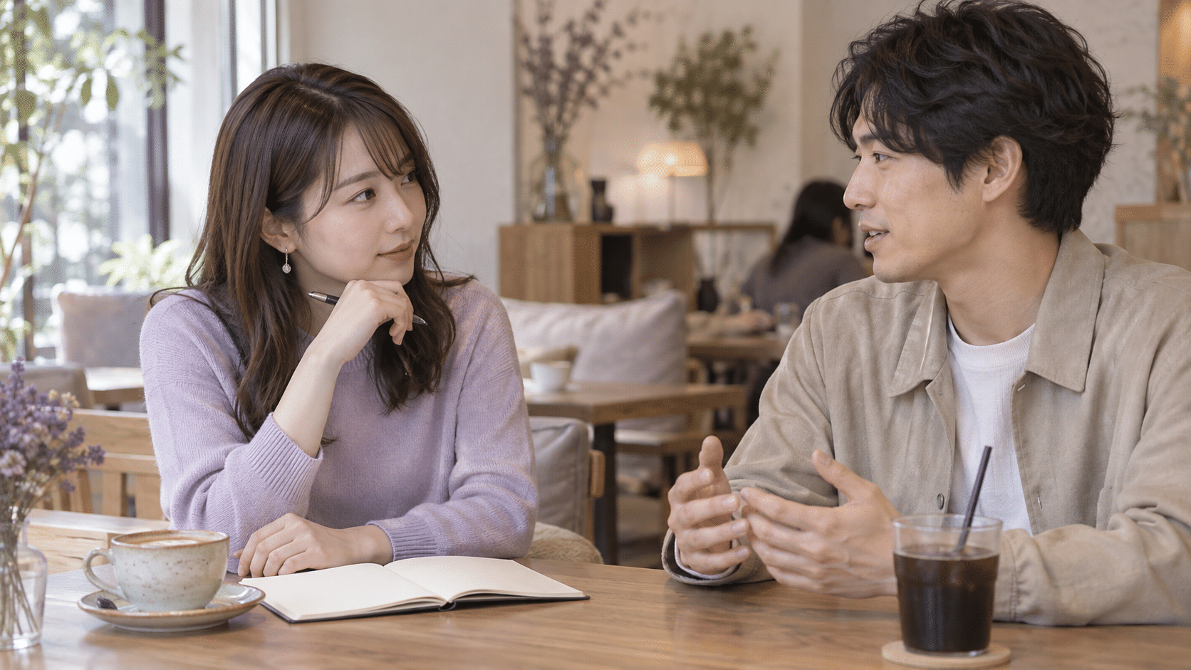 カフェで話し直す時期を穏やかに相談する二人