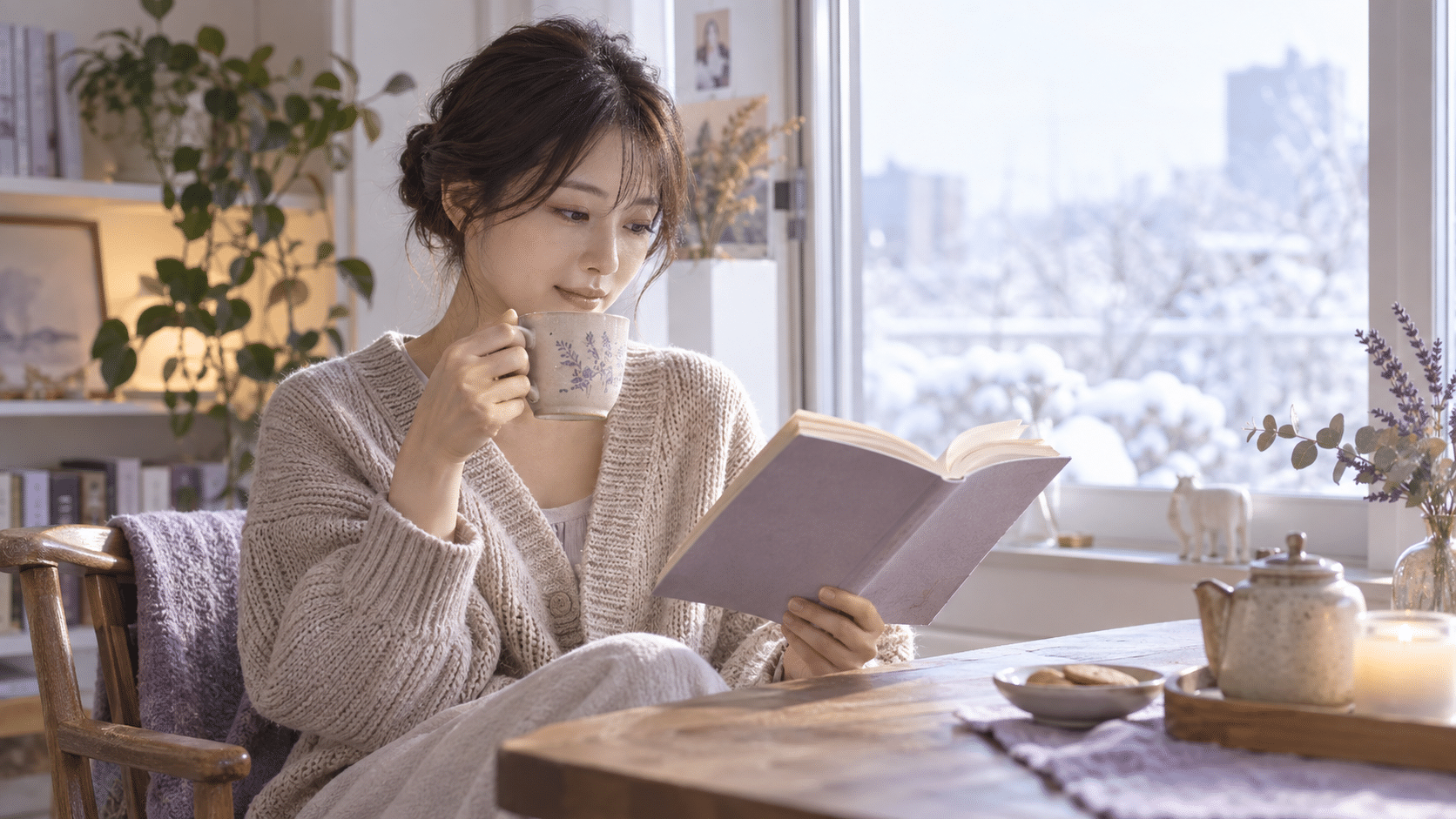 返事を待つ間にも読書と自分の時間を残す女性