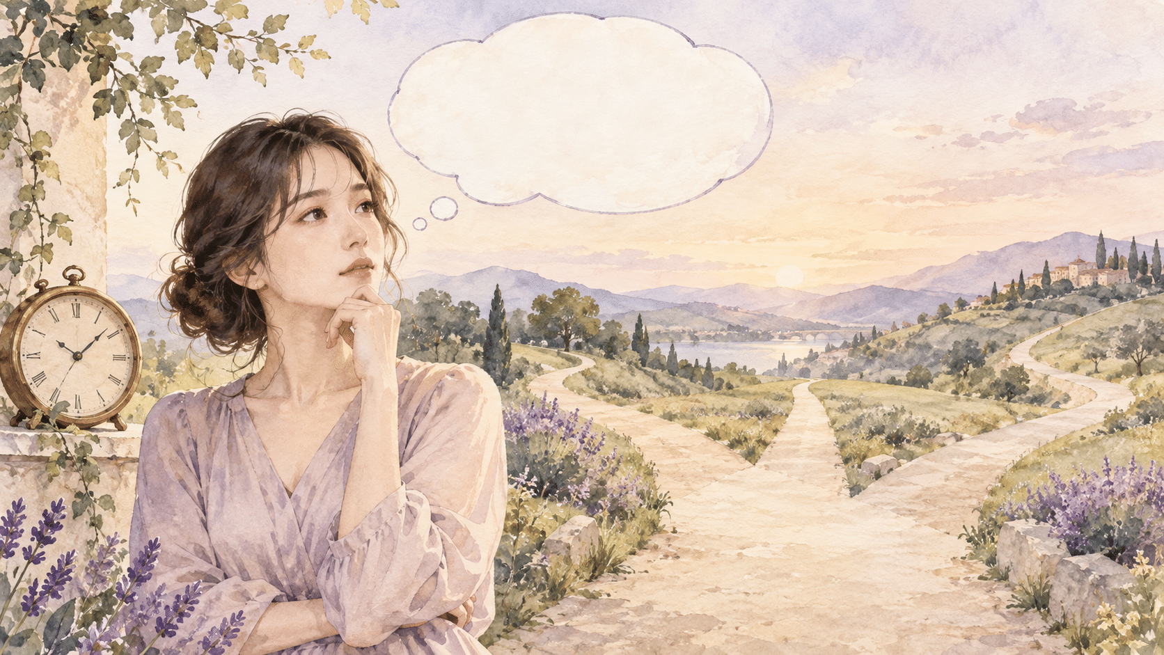 答えの分からなさと時間を考える女性の水彩イラスト