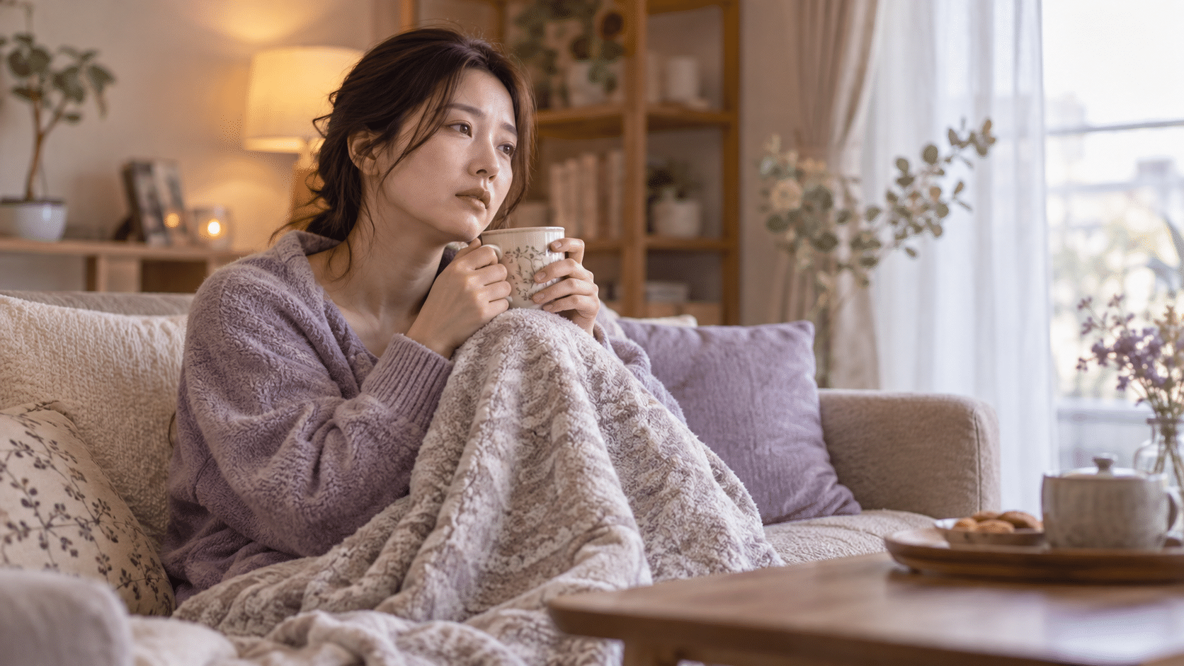 家で温かい飲み物と休息の時間を取る女性