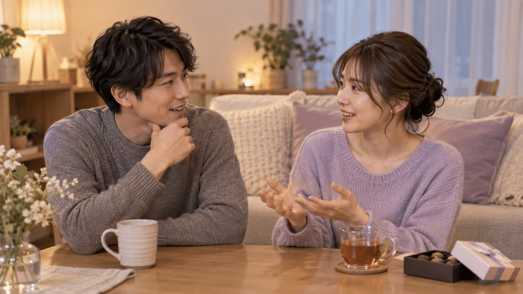 家でバレンタインの過ごし方を話し合う二人