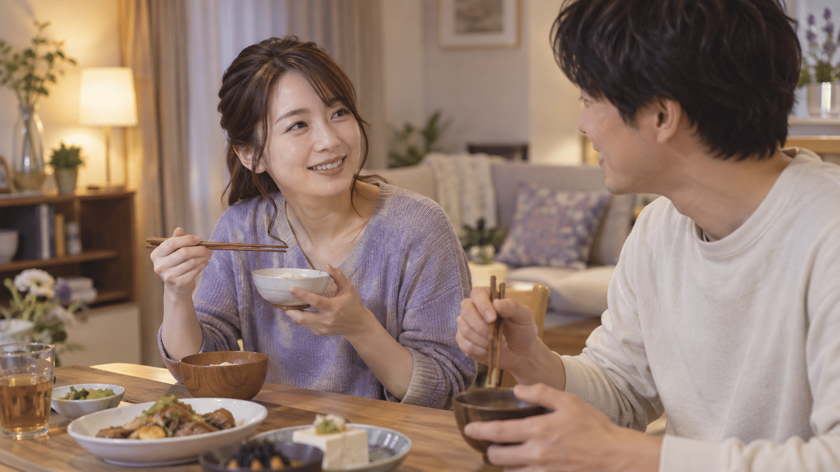 贈り物以外の時間として夕食の会話を楽しむ二人