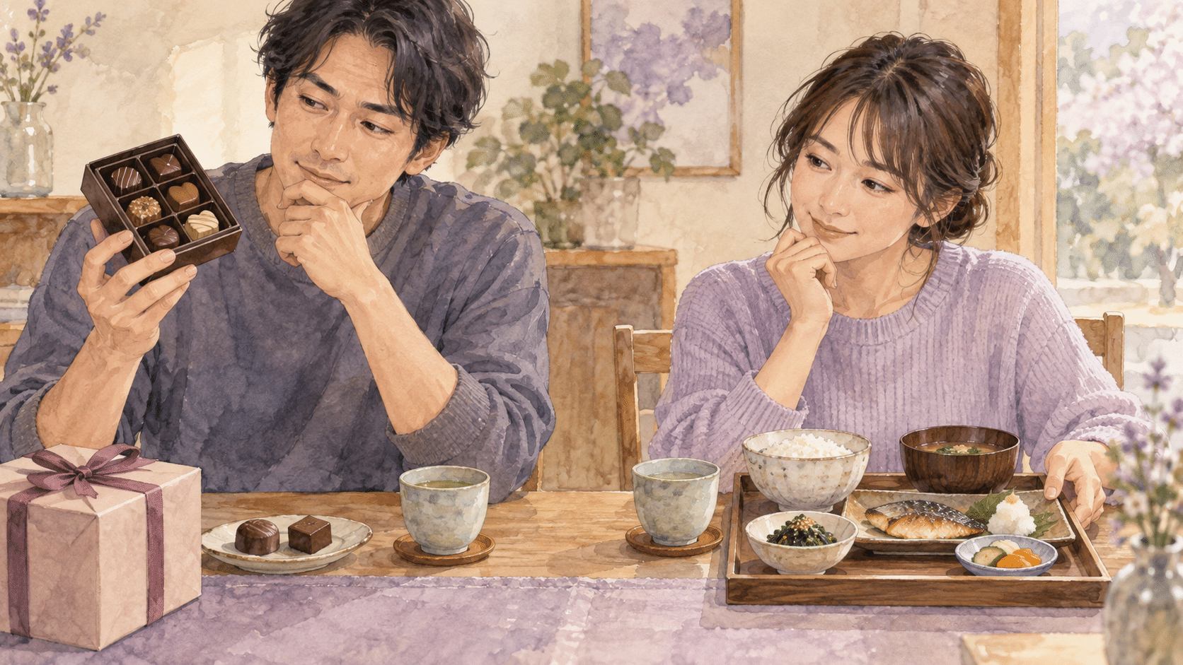 チョコと食事の好みを相談する二人の水彩イラスト